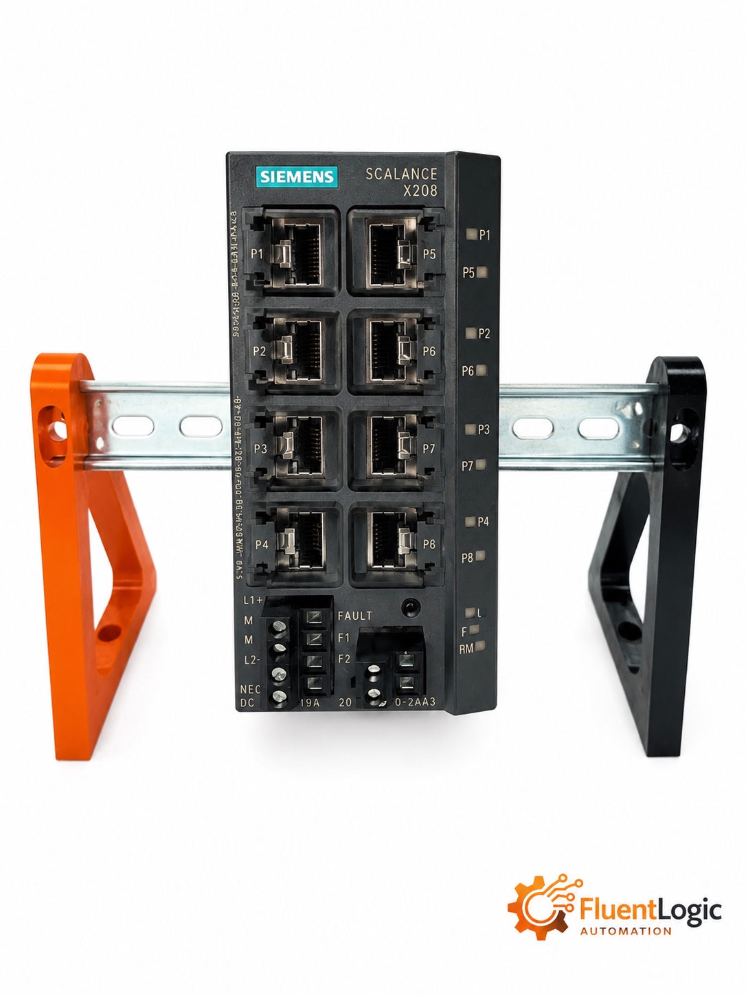 Siemens SCALANCE X208 industrial Ethernet switch on a DIN rail stand