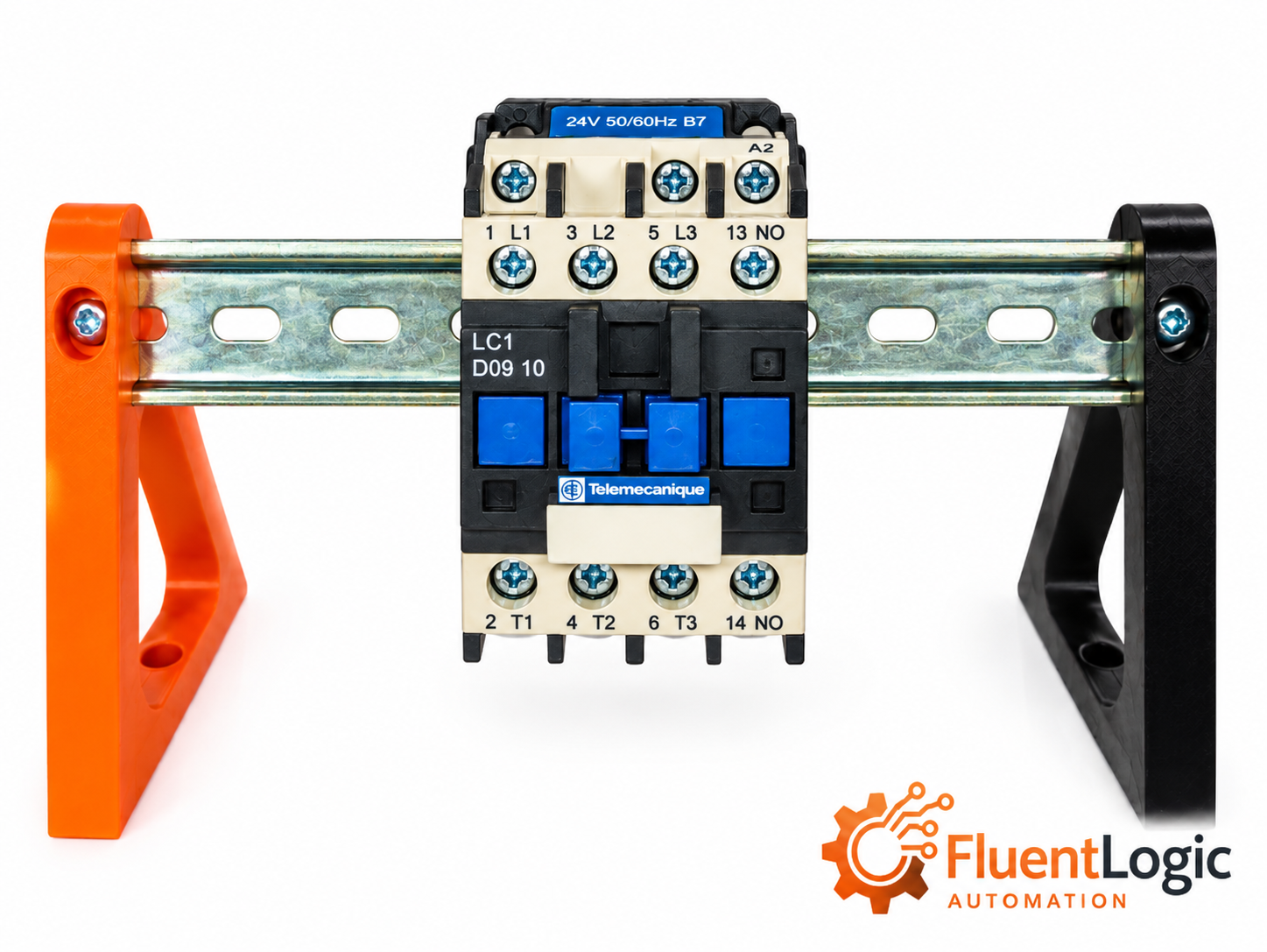 Telemecanique LC1 D09 10 contactor on a FluentLogic DIN rail stand